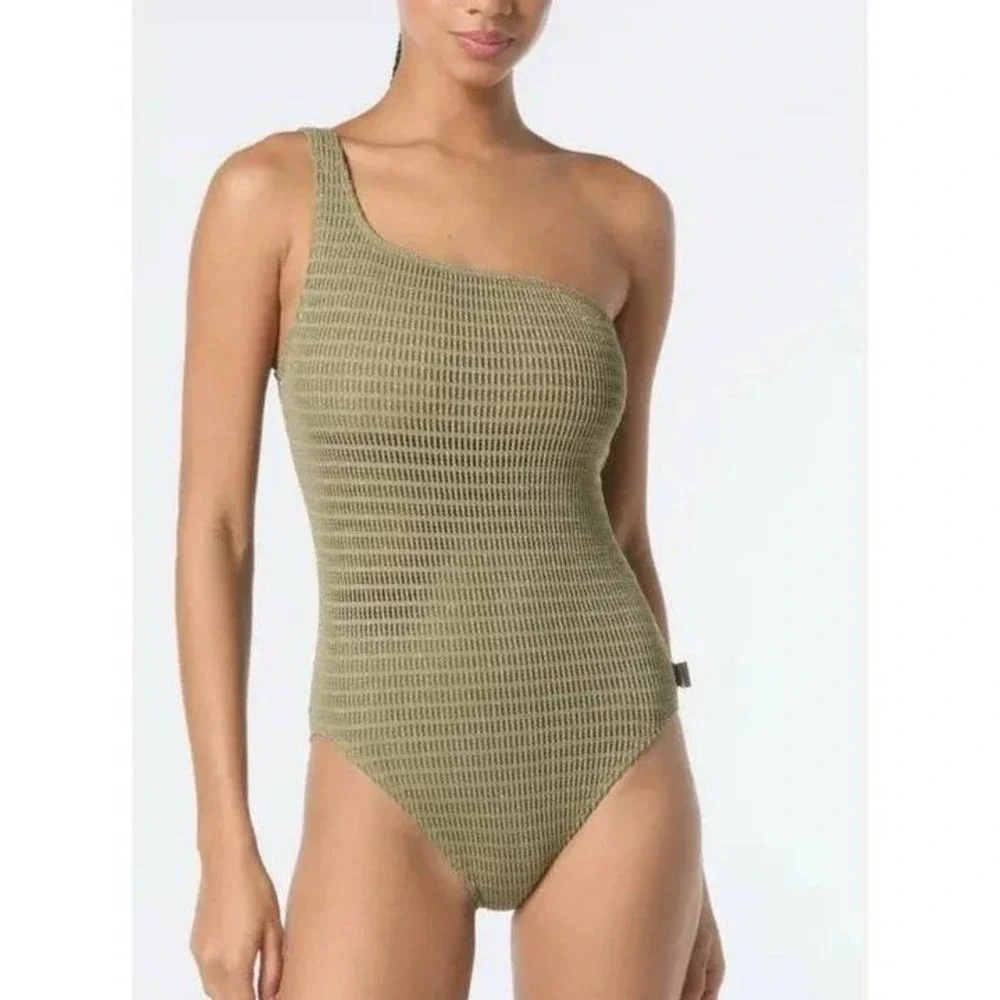 Michael Kors‎ One Shoulder Swimsuit Safari Green Metallic Textured Size 10